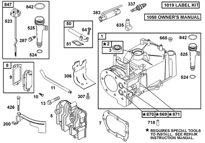 Oil Fill, Head, Cylinder Assembly Diagram and Parts List for 10C902-2033-XX  Briggs and Stratton Engine